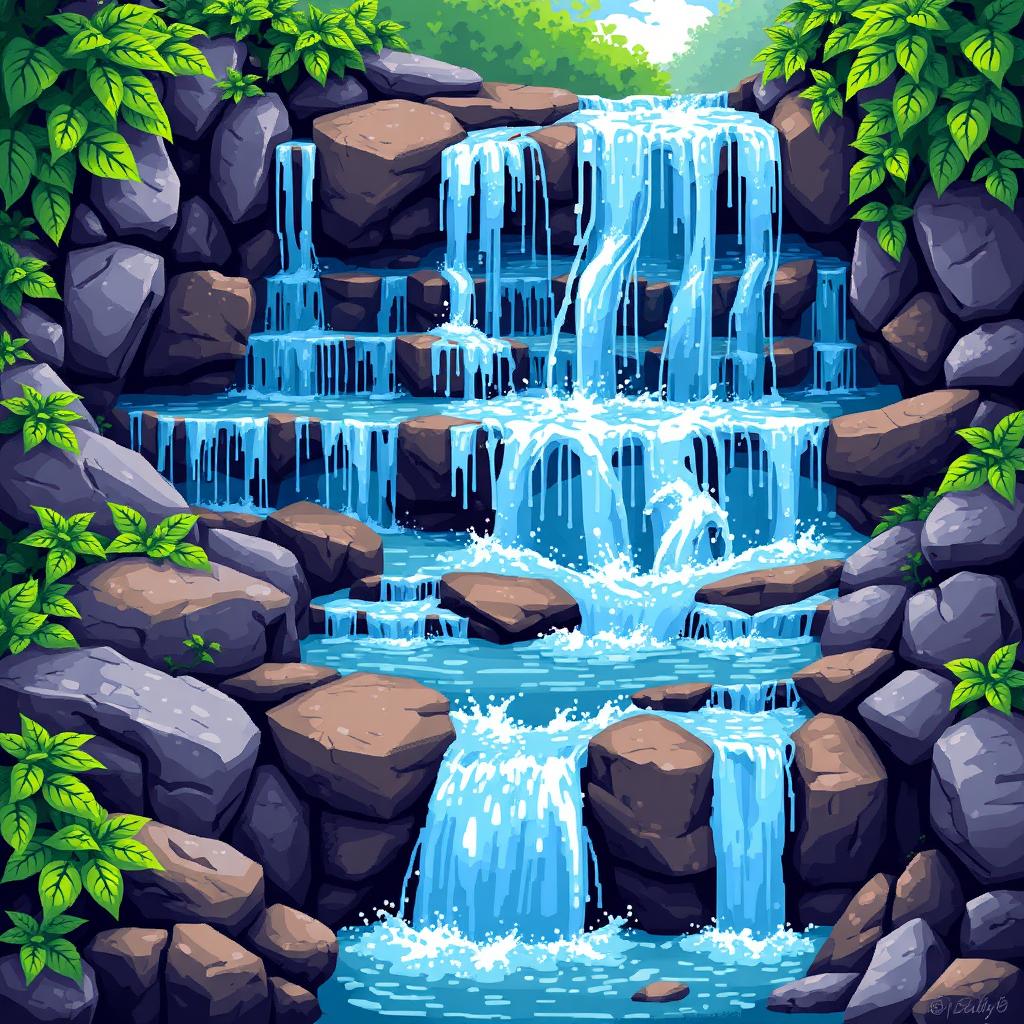 A detailed pixel art spritesheet of a cascading waterfall, featuring layers of clear blue water flowing over rocks in various shades of gray and brown