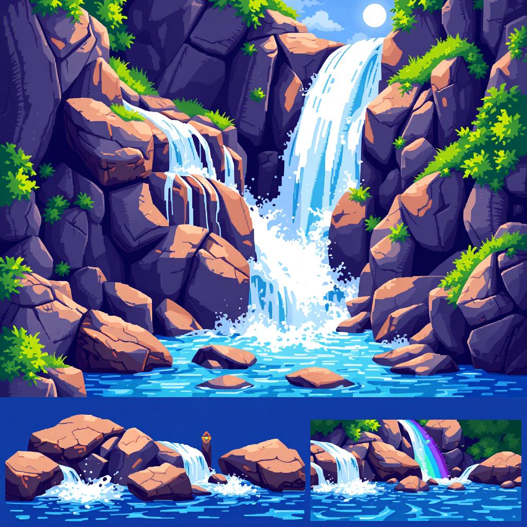 A vibrant pixel art spritesheet depicting a cascading waterfall, including various animated frame sequences