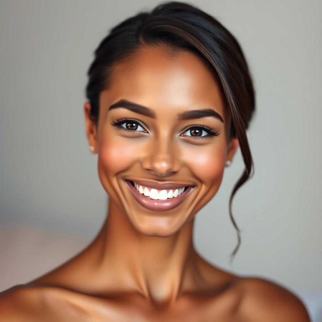 A portrait of a confident and attractive individual with a vibrant smile, showcasing a well-defined jawline and a graceful neck