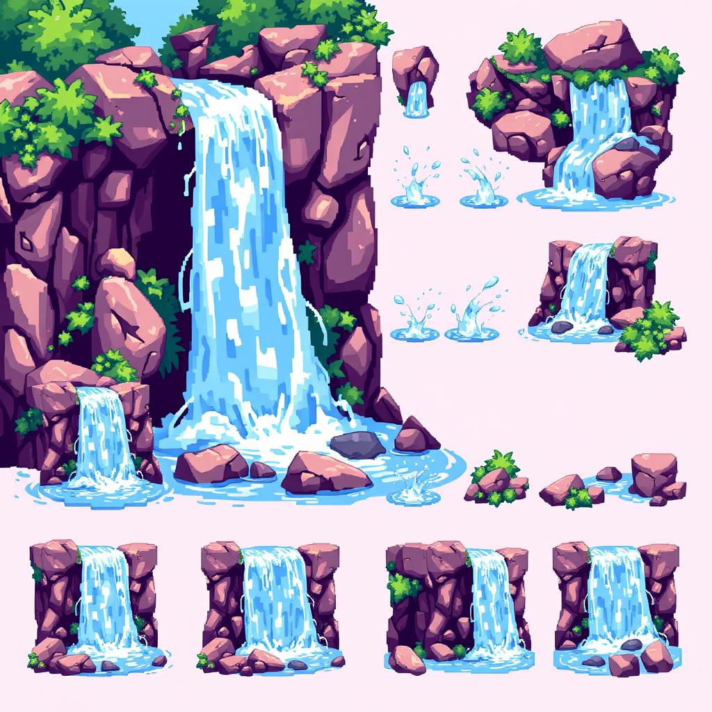 A vibrant pixel art spritesheet featuring a beautiful waterfall cascading over rocks