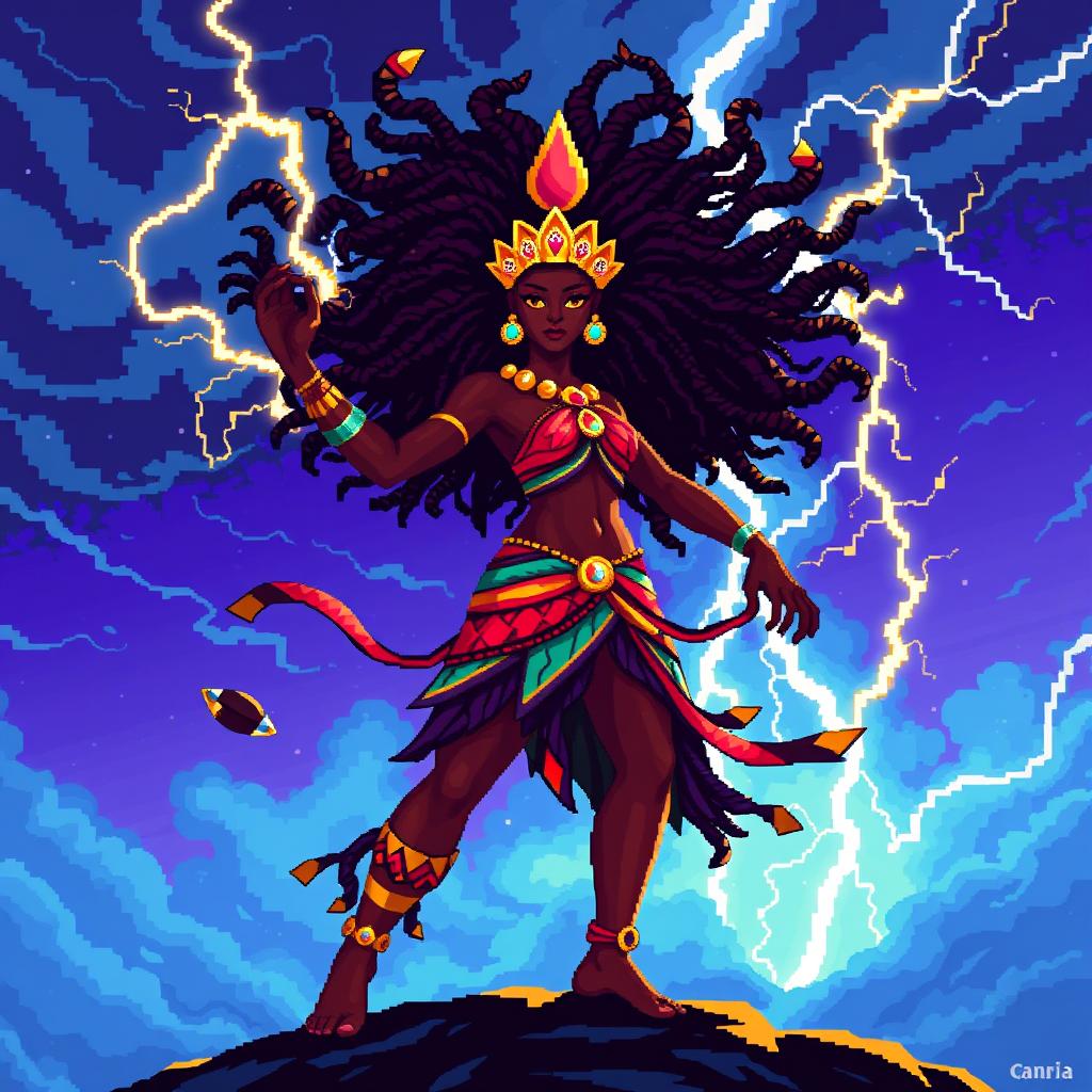 A pixel art representation of the orixá Iansã, the goddess of winds, storms, and transformation in Afro-Brazilian mythology