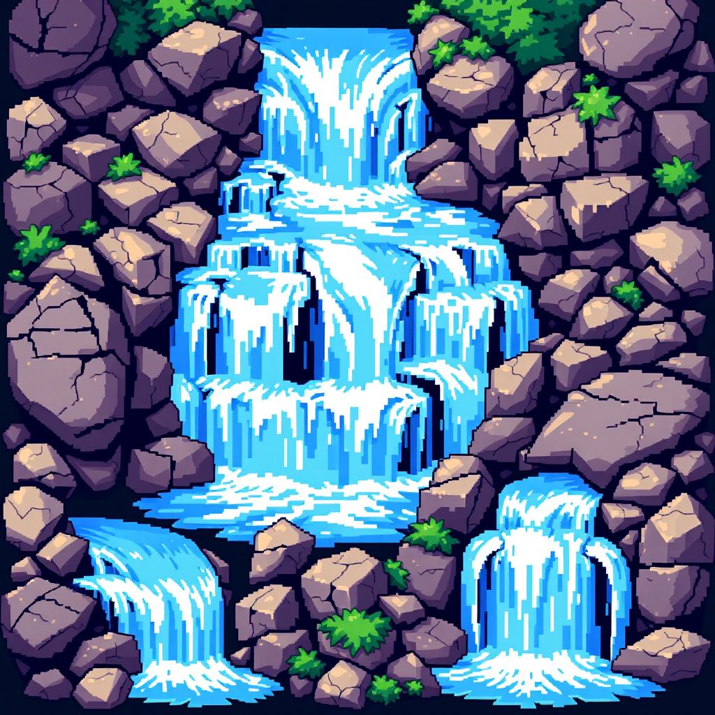 A vibrant pixel art spritesheet featuring a cascading waterfall surrounded by various textured rocks