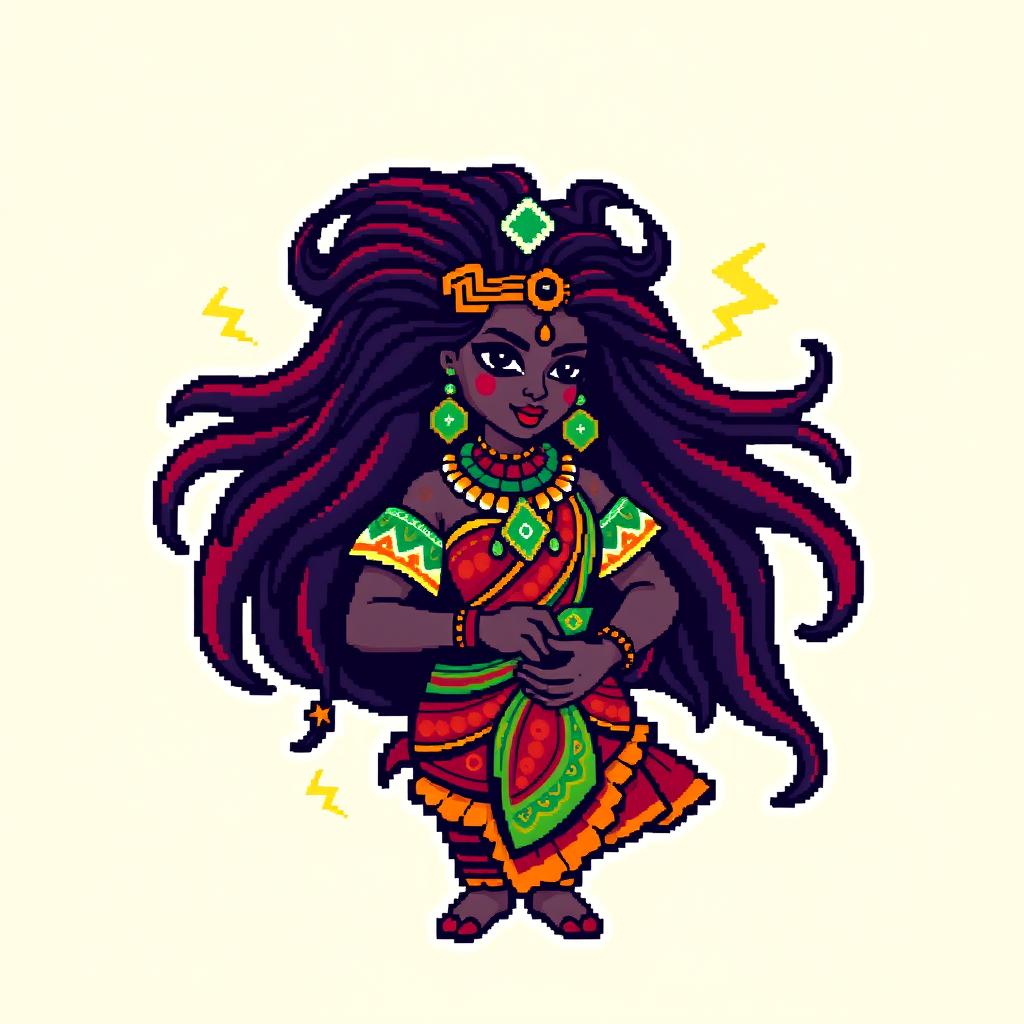 A pixel art design of the orixá Iansã, styled for a chip format suitable for a keychain