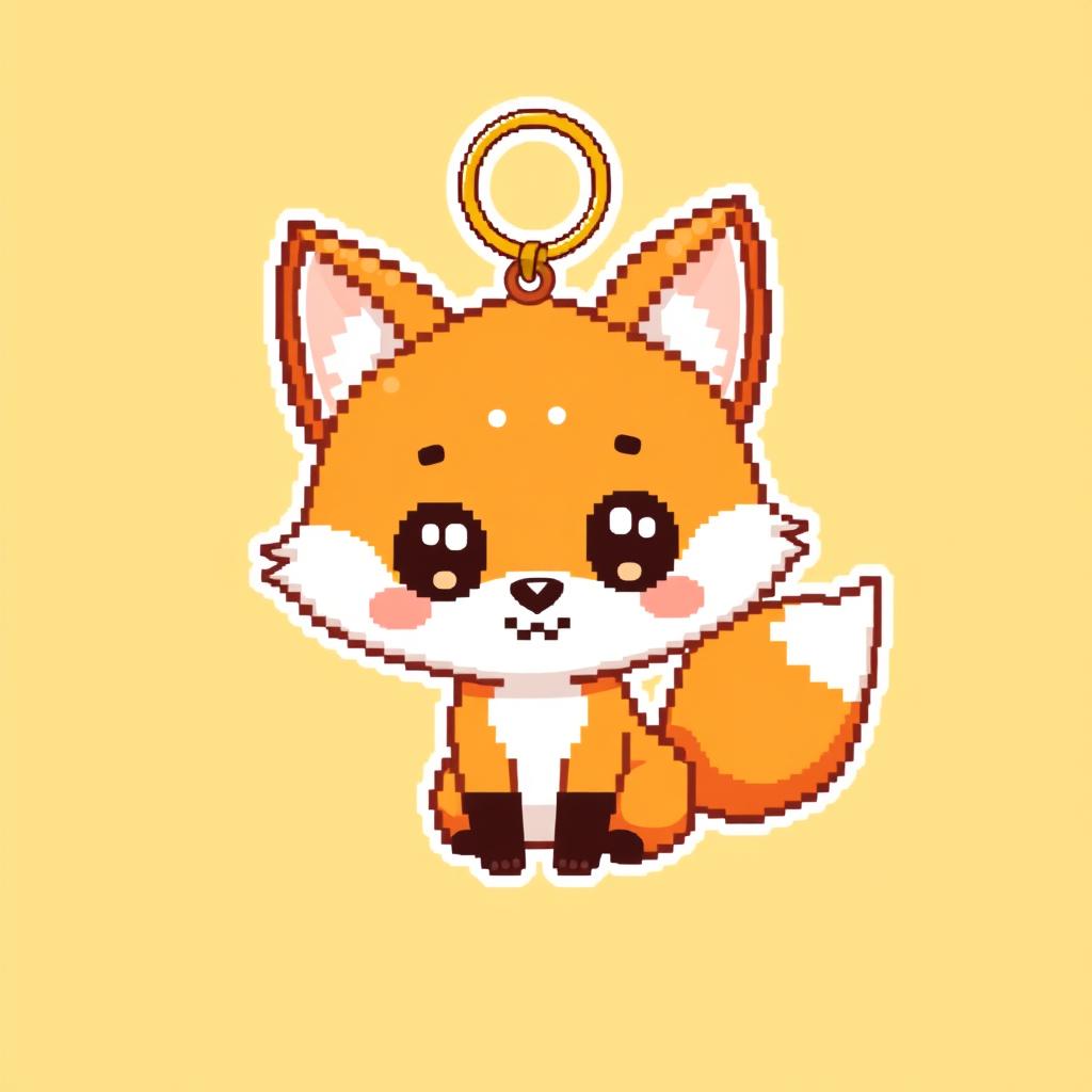 A pixel art illustration of an adorable fox in a chibi style, designed specifically for a keychain