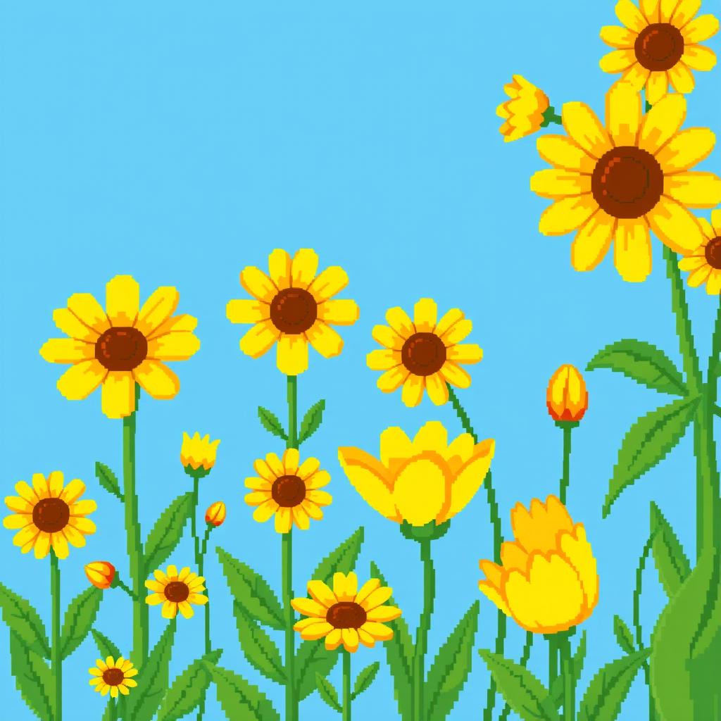 A vibrant pixel art illustration of yellow flowers in full bloom, showcasing a variety of flower types such as sunflowers, daisies, and tulips