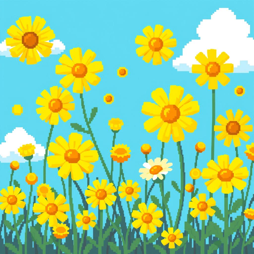 A vibrant and colorful pixel art design featuring an array of yellow flowers in various shapes and sizes, each depicted with distinct pixelated details