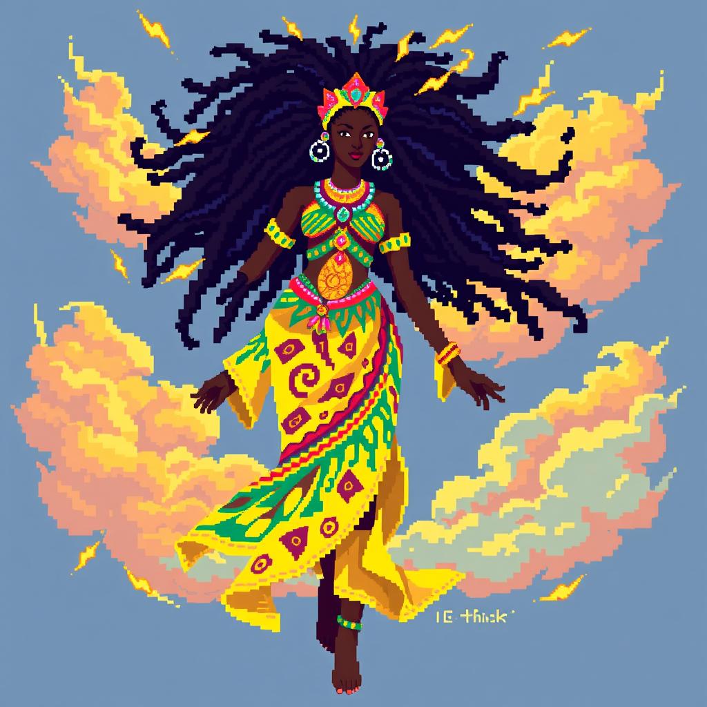 A vibrant pixel art depiction of the Orixá Iansã, also known as Yansã, the goddess of winds, storms, and transformation in Afro-Brazilian mythology