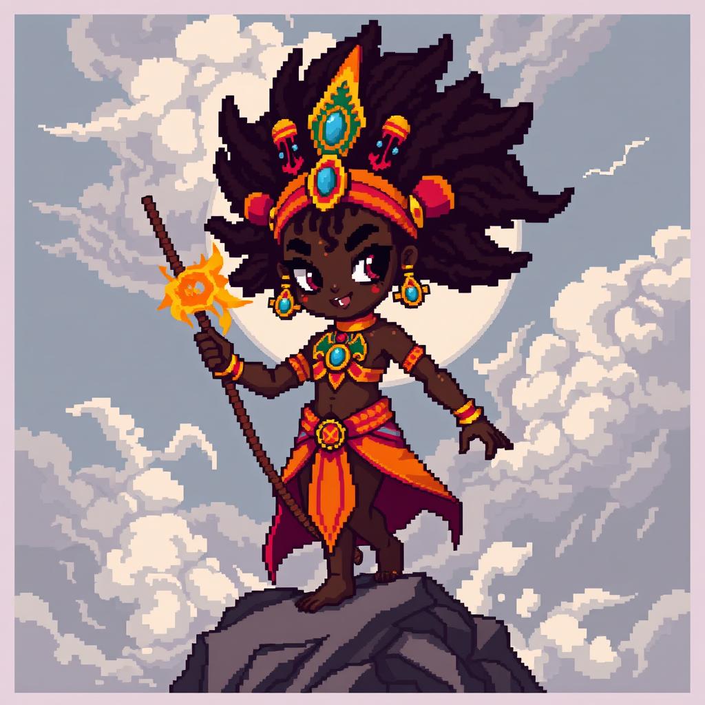 Um retrato de pixel art no formato chibi da Orixá Iansã, também conhecida como Yansã, a deusa dos ventos, tempestades e transformação na mitologia afro-brasileira