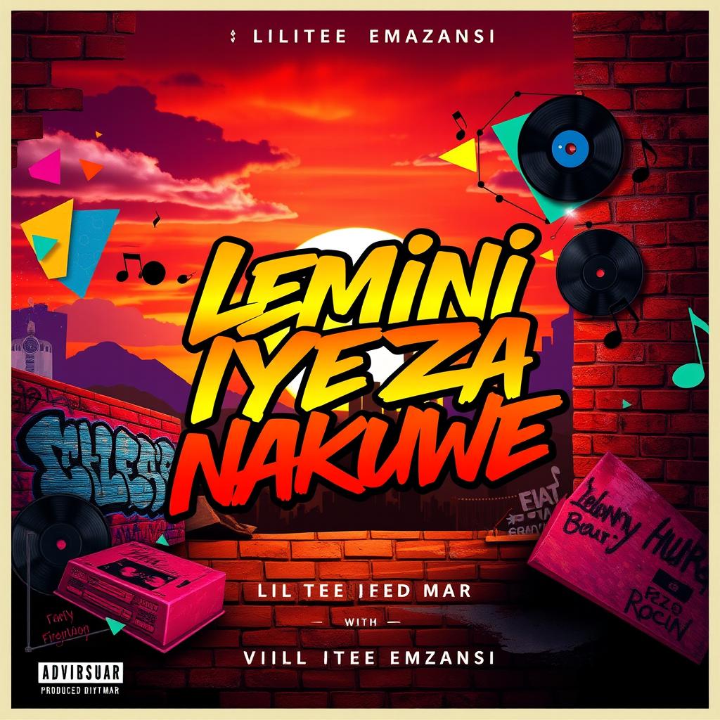 An artistic cover design for a hip-hop single titled 'Lemini Iyeza Nakuwe' by LilTee Emzansi produced by Fendy Mar