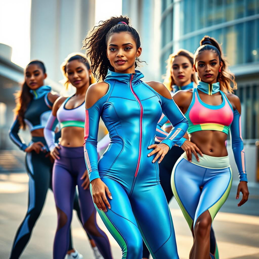 Futuristic sportswear designed for ultimate comfort, worn by athletic models showcasing dynamic poses in an urban environment