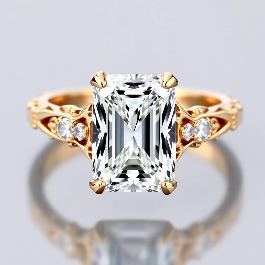 A stunning engagement ring featuring an elongated cushion-cut diamond in the center, weighing approximately 3