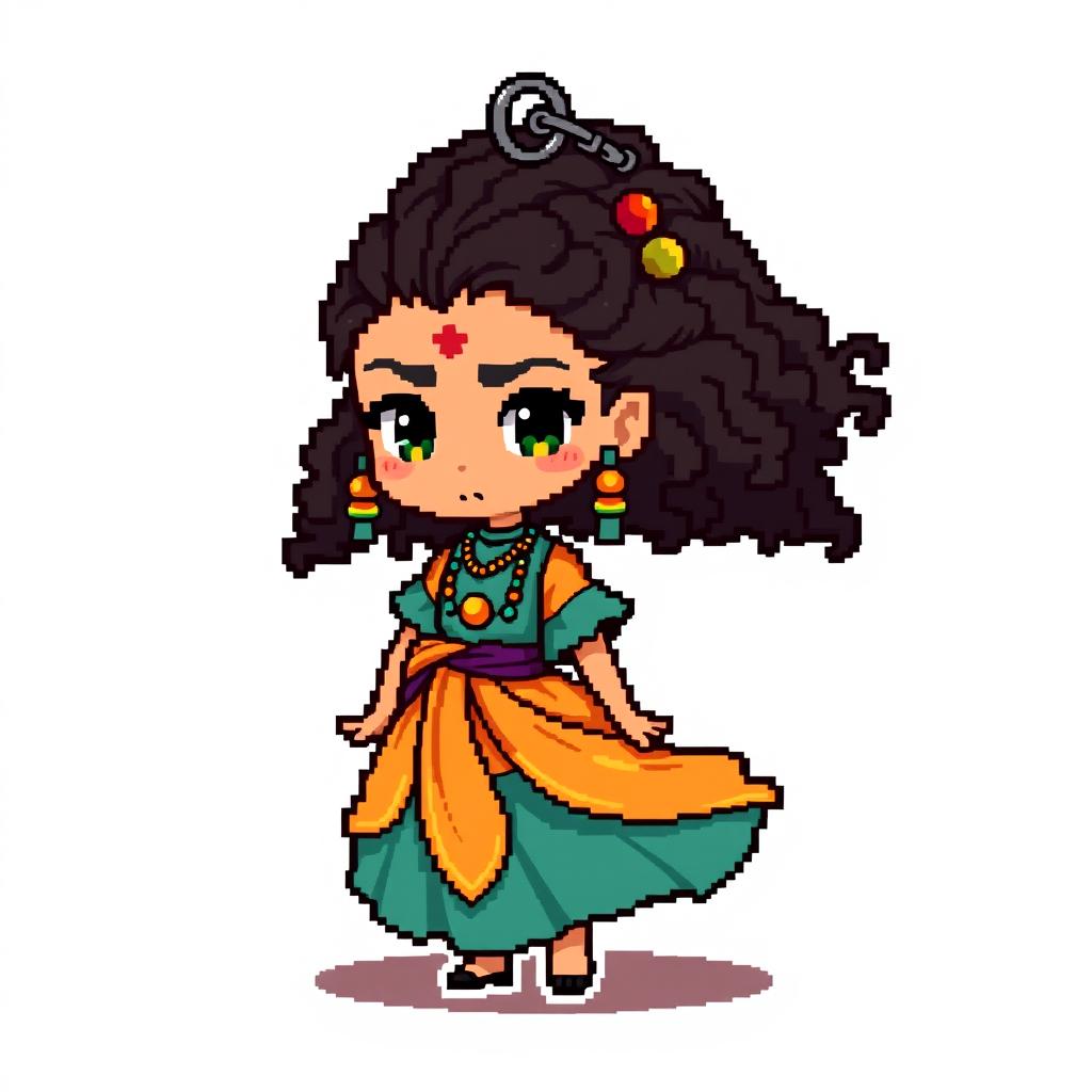 Chibi-style pixel art of the Orixá Iansã, featuring her traditional clothes which include a vibrant dress with flowing layers