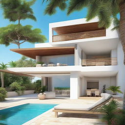 A terraced, beachfront villa with a single floor measuring 60m2 set within a 100m2 land plot. It contains a living room, bedroom, bathroom, and a 60m2 second storey featuring a pool, carport, and balcony. A rooftop relaxation area provides panoramic beach views.