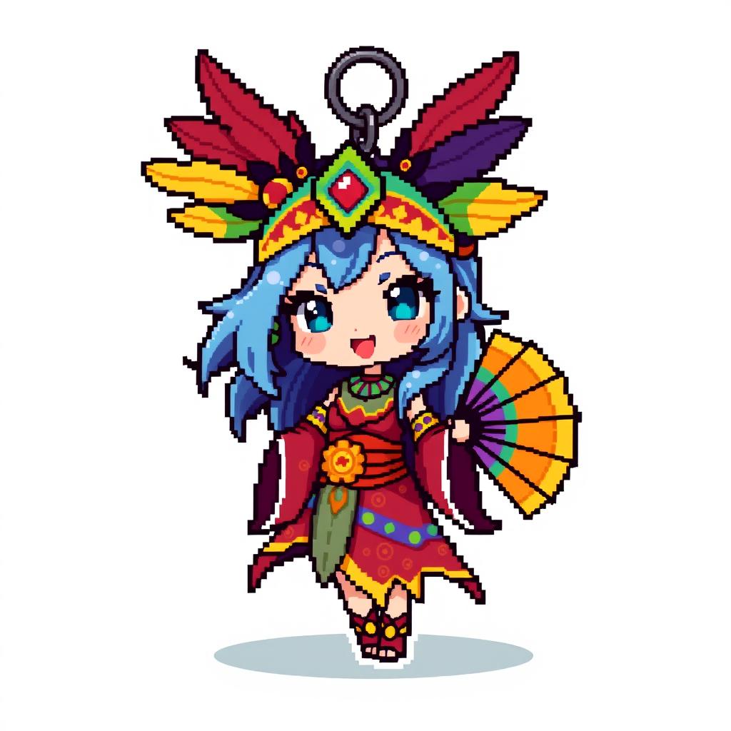 Chibi pixel art of the Orisha Iansan, depicted as a small, adorable figure suitable for a keychain