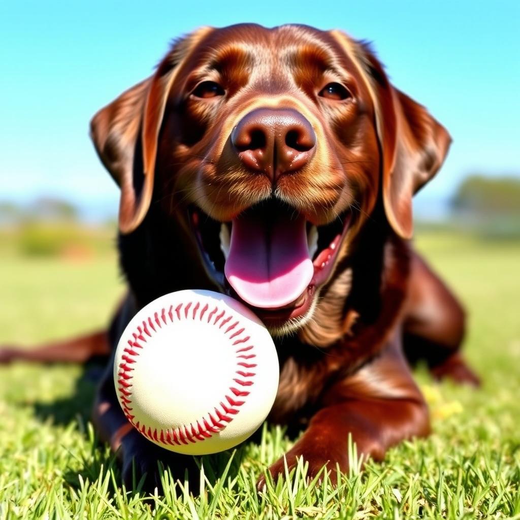 A playful chocolate Labrador retriever joyfully holding a baseball in its mouth, sitting on a grassy field with a bright blue sky in the background