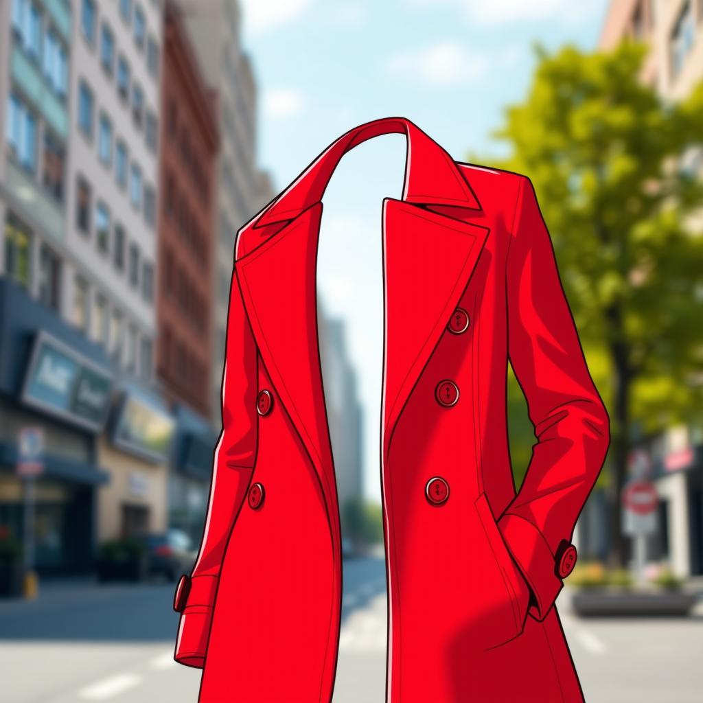A stylish and elegant coat, vividly illustrated in a bright red color, showcasing its luxurious fabric and fine details