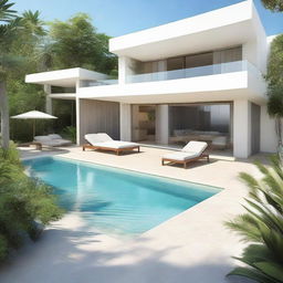 A terraced, beachfront villa with a single floor measuring 60m2 set within a 100m2 land plot. It contains a living room, bedroom, bathroom, and a 60m2 second storey featuring a pool, carport, and balcony. A rooftop relaxation area provides panoramic beach views.