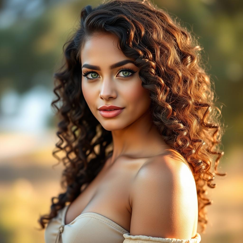 A stunning portrait of a beautiful woman with luscious, curly hair cascading down her shoulders