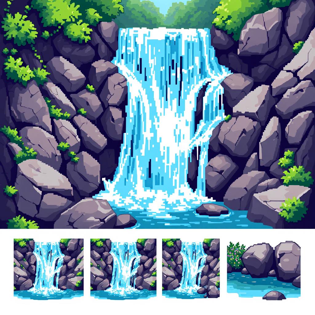 A pixel art spritesheet depicting a beautiful cascading waterfall surrounded by rocks, showcasing varying stages of water flow