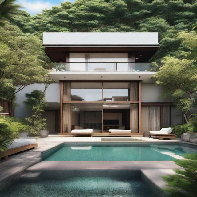 A Japanese-style villa with a terraced design, featuring two 60m2 floors within a 100m2 plot. Each floor has a living room, bedroom, and bathroom. On the second floor is an infinity pool, carport, balcony, and a tranquil rooftop relaxation area.