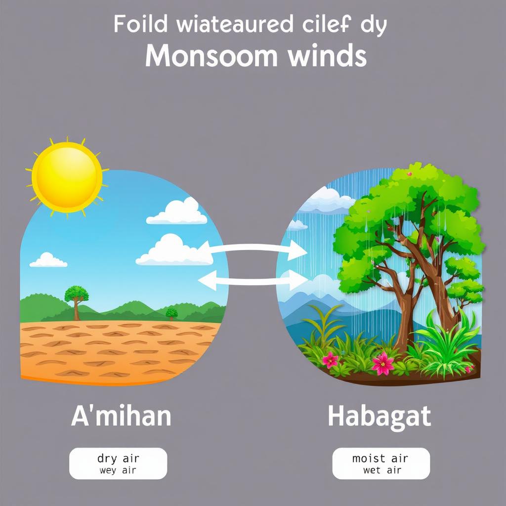 An educational illustration representing the seasonal cycle influenced by monsoon winds