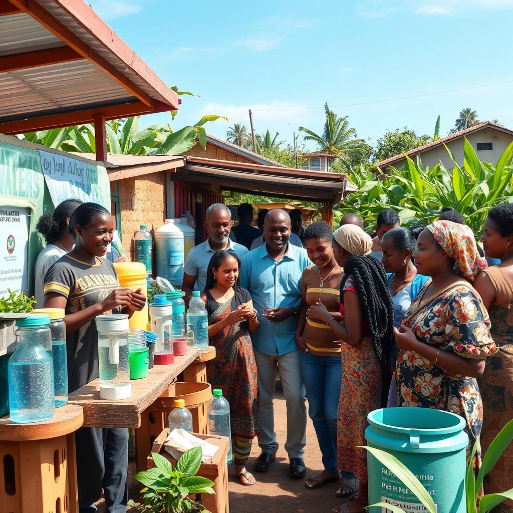 A high-resolution photo showcasing a vibrant community celebrating their innovative water solutions