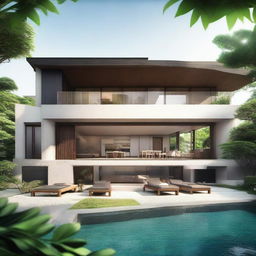 A Japanese-style villa with a terraced design, featuring two 60m2 floors within a 100m2 plot. Each floor has a living room, bedroom, and bathroom. On the second floor is an infinity pool, carport, balcony, and a tranquil rooftop relaxation area.