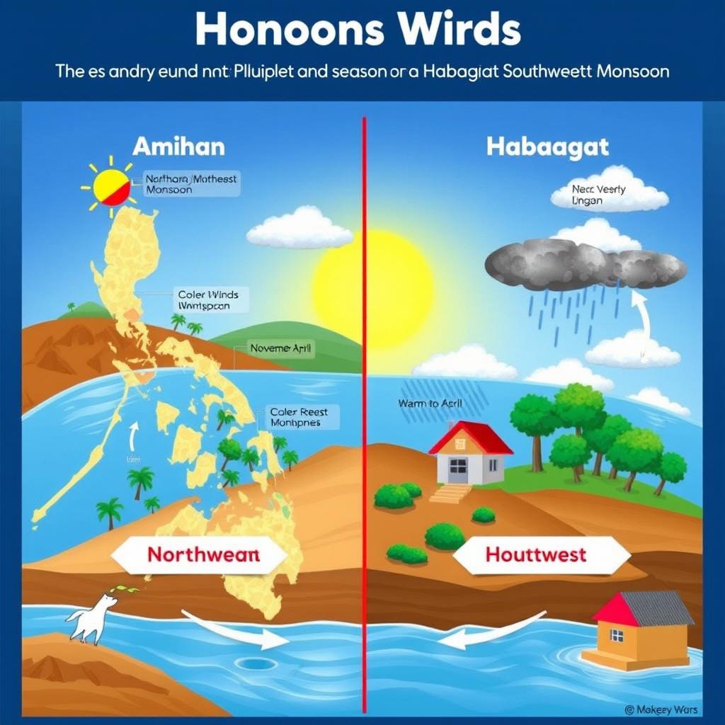 An educational scientific illustration depicting the cycle of dry and wet seasons in the Philippines influenced by monsoon winds