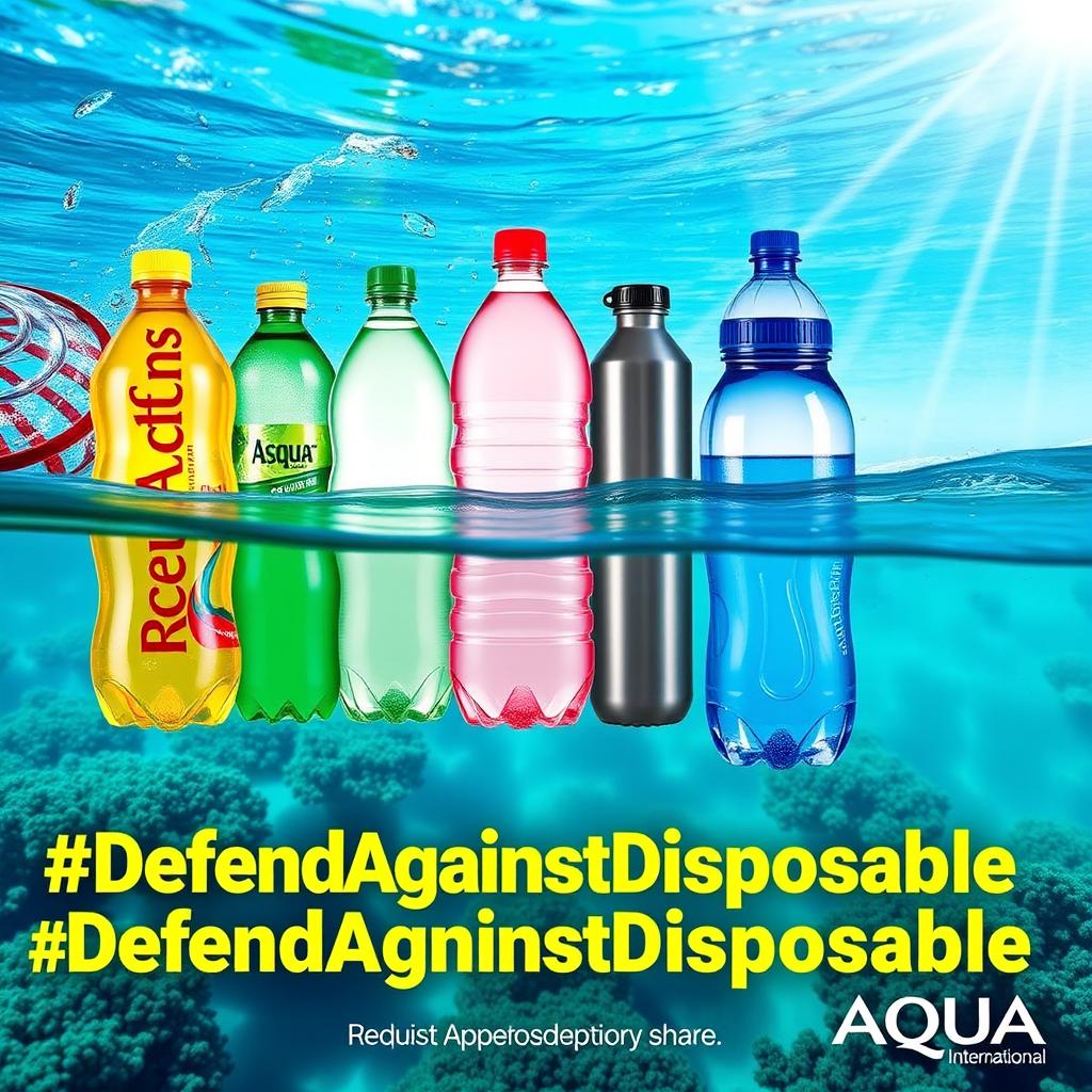 A visually striking and shareable image showcasing the transformation of colorful plastic bottles morphing into sleek, clean, reusable water containers