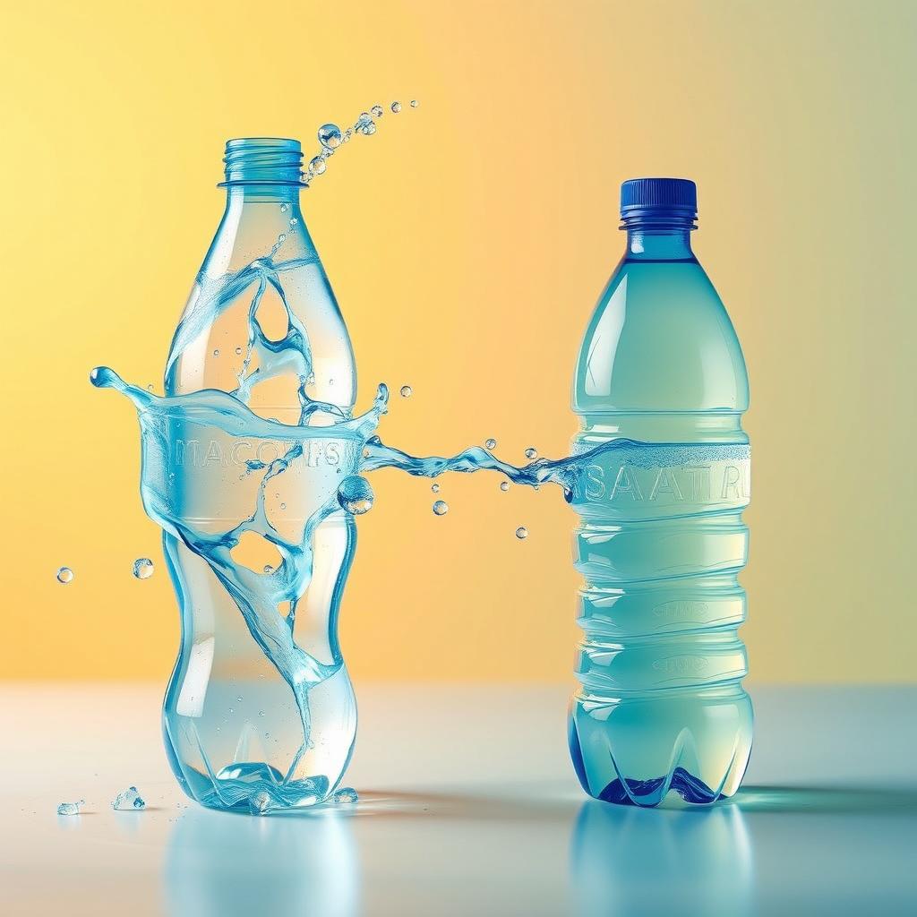 A visually striking and shareable image depicting plastic bottles transforming into clean, reusable water containers