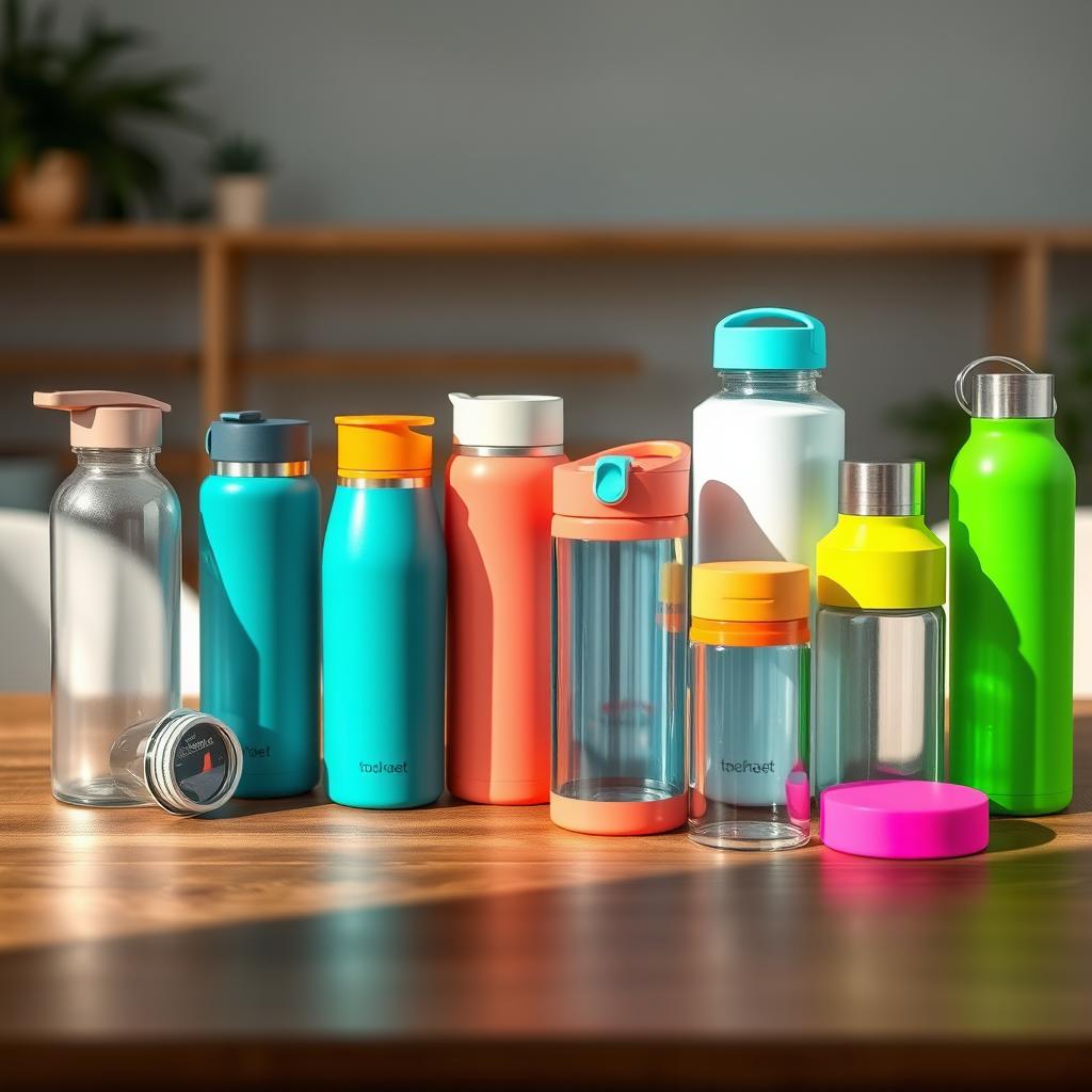 A visually striking composition featuring a variety of stylish and colorful reusable water containers