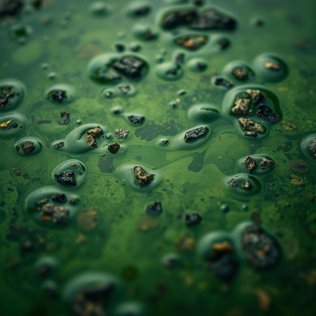 A close-up shot of murky, contaminated water with visible debris and pollutants, overlaid with subtle, semi-transparent chemical symbols for PFAS (per- and polyfluoroalkyl substances)