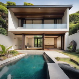 A Japanese-style villa with a terraced design, featuring two 60m2 floors within a 100m2 plot. Each floor has a living room, bedroom, and bathroom. On the second floor is an infinity pool, carport, balcony, and a tranquil rooftop relaxation area.