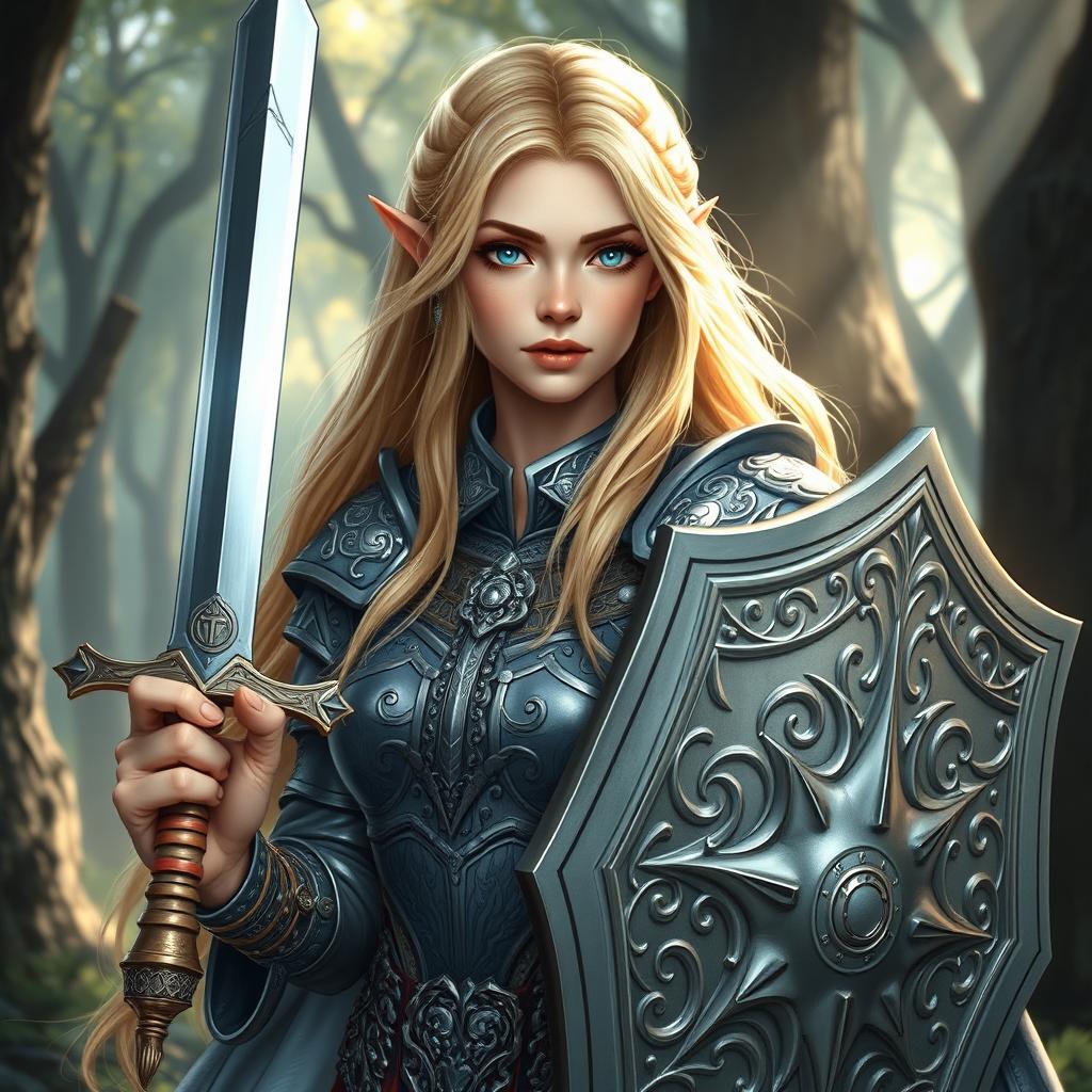 A gentle female half-elf paladin, featuring long flowing blonde hair and striking blue eyes, wearing ornate silver armor adorned with intricate patterns
