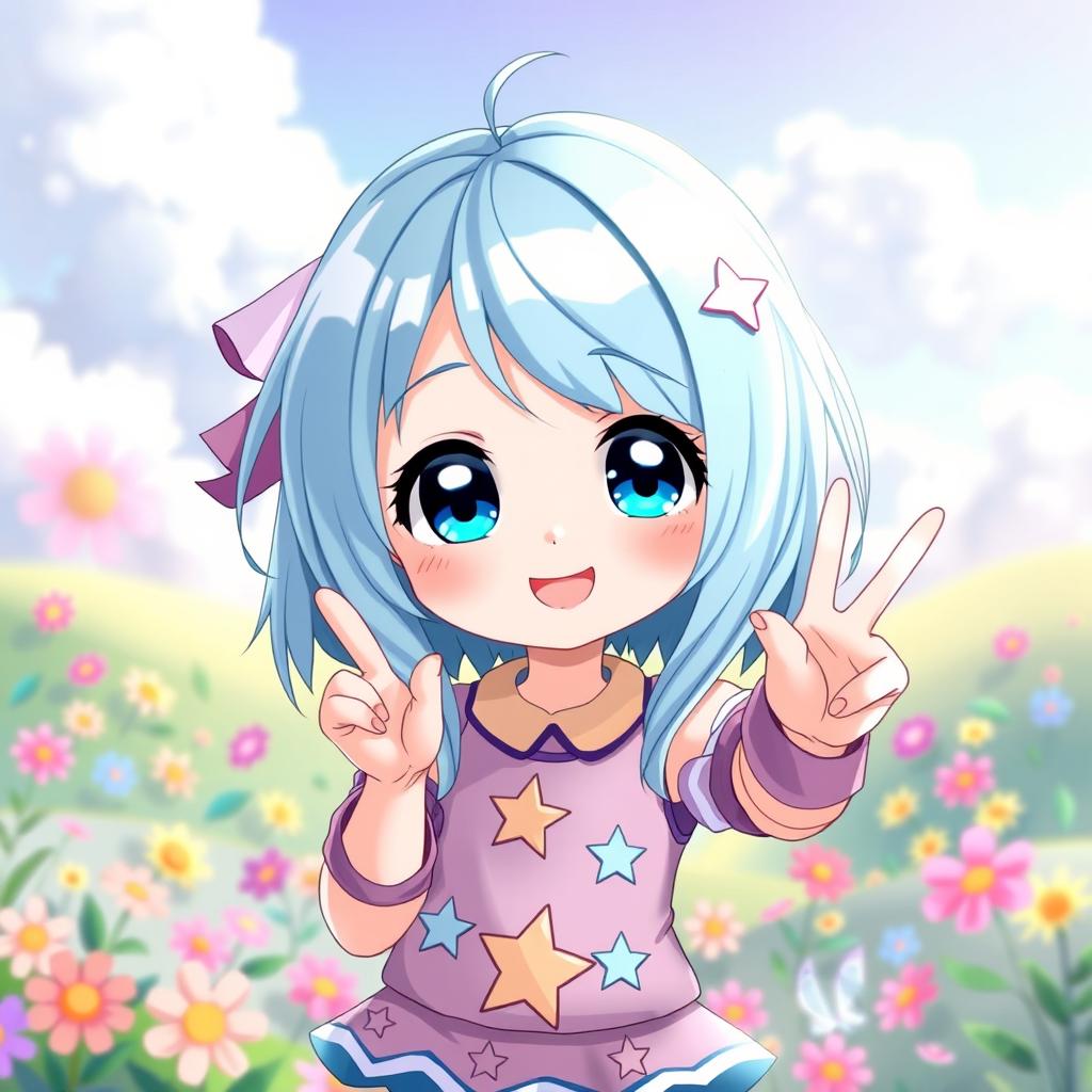 A cute anime girl with light blue hair, featuring large expressive eyes and a cheerful smile