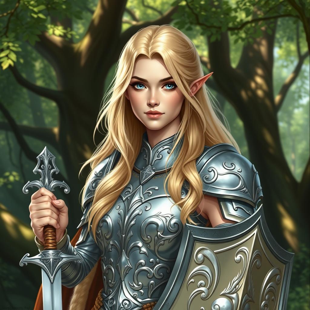 A gentle female half-elf paladin, showcasing her kindness and strength
