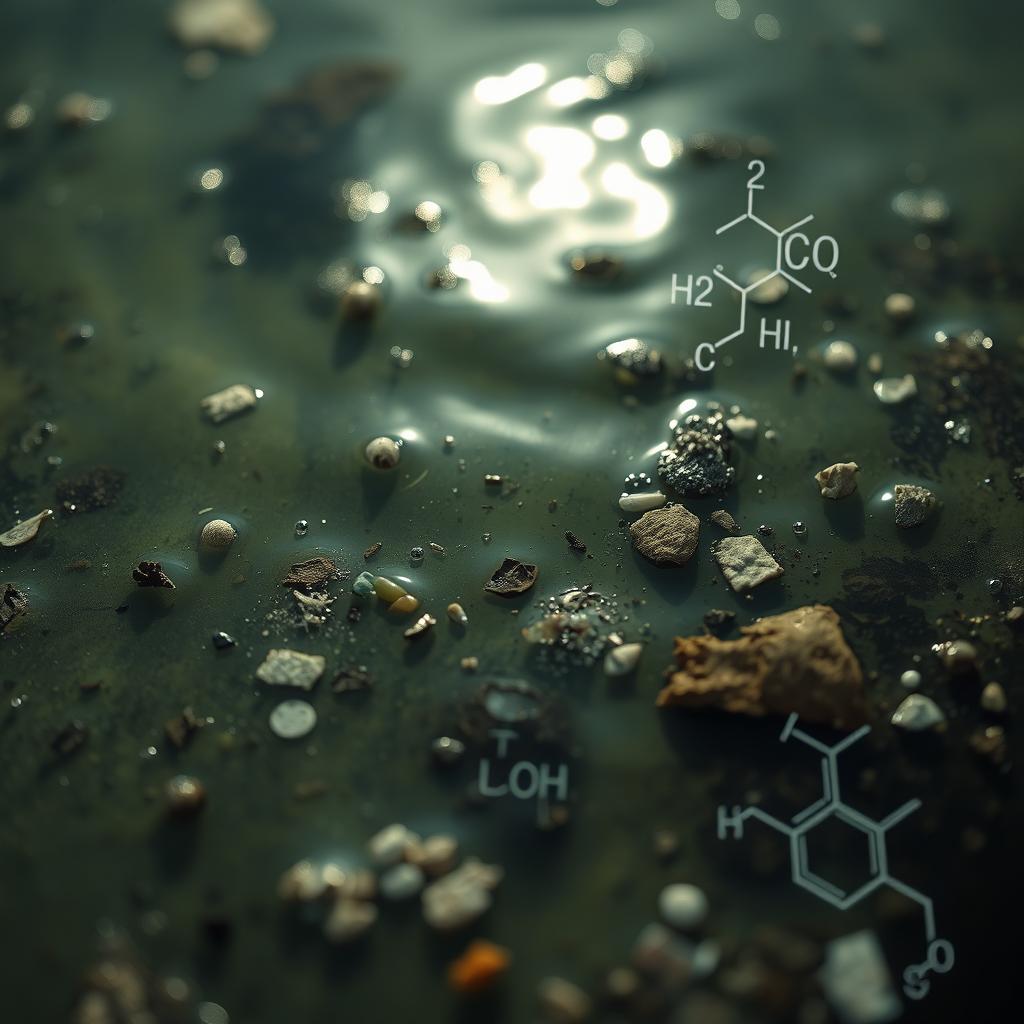 A highly detailed close-up shot of contaminated water, showcasing various pollutants and debris floating on the surface