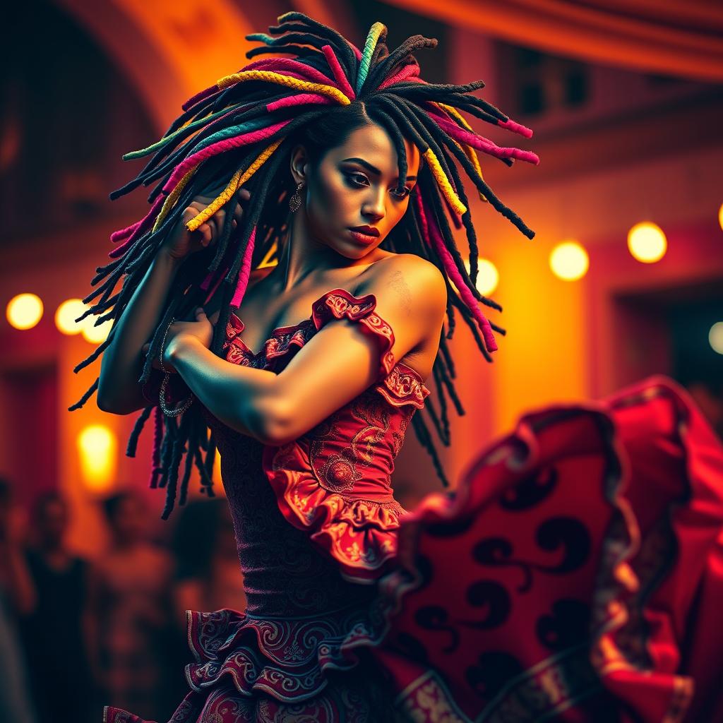 A vibrant flamenco dancer with striking multicolored dreadlocks, showcasing an elegant and dynamic pose