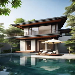 A Japanese-style villa with a terraced design, featuring two 60m2 floors within a 100m2 plot. Each floor has a living room, bedroom, and bathroom. On the second floor is an infinity pool, carport, balcony, and a tranquil rooftop relaxation area.