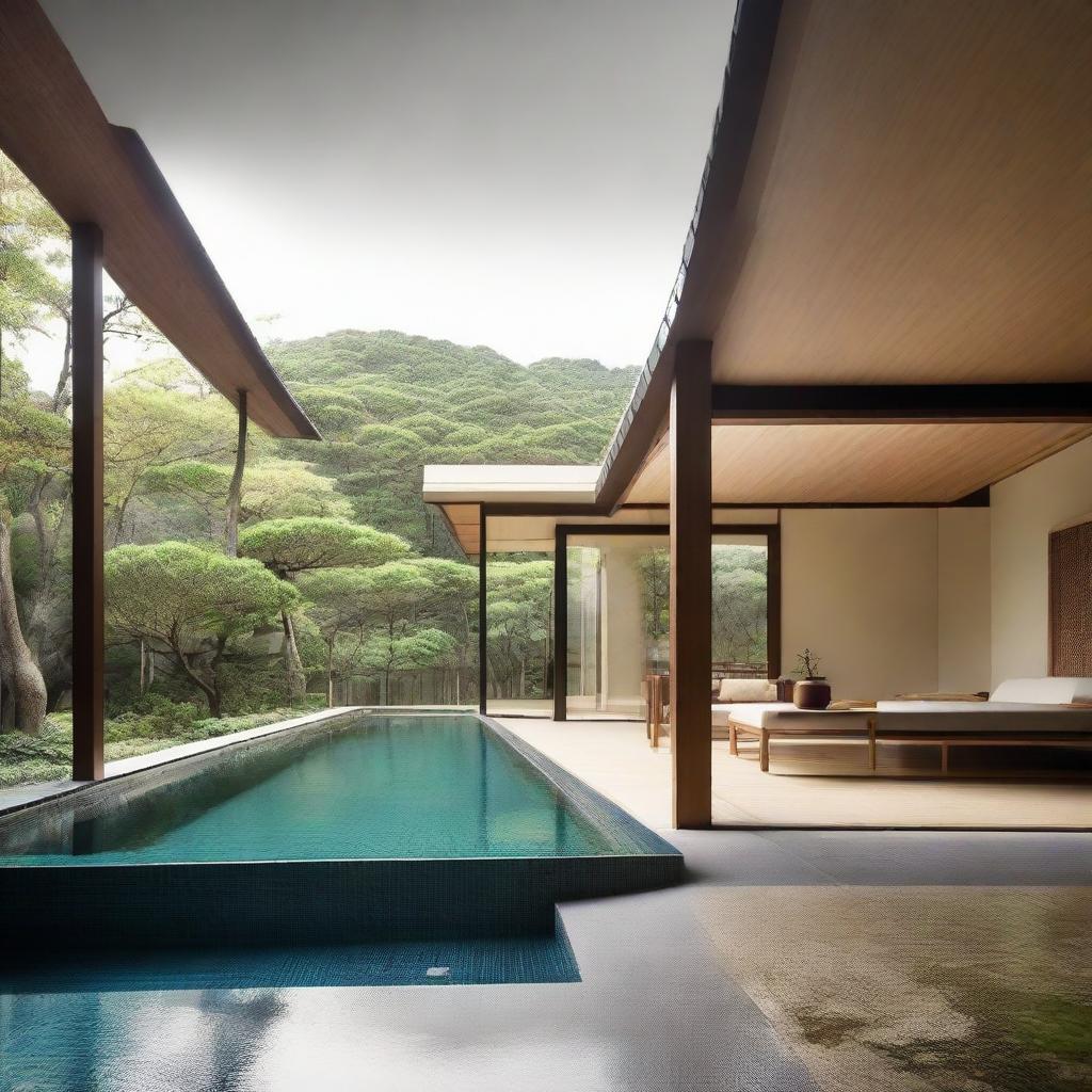 A one-story Japanese villa designed with terraced contours, standing on a 100m2 land with a 60m2 building area. The second floor of 60m2 encompasses an infinity pool, a carport, a balcony, and a rooftop area for relaxation. Each floor contains a living room, bedroom, and bathroom.