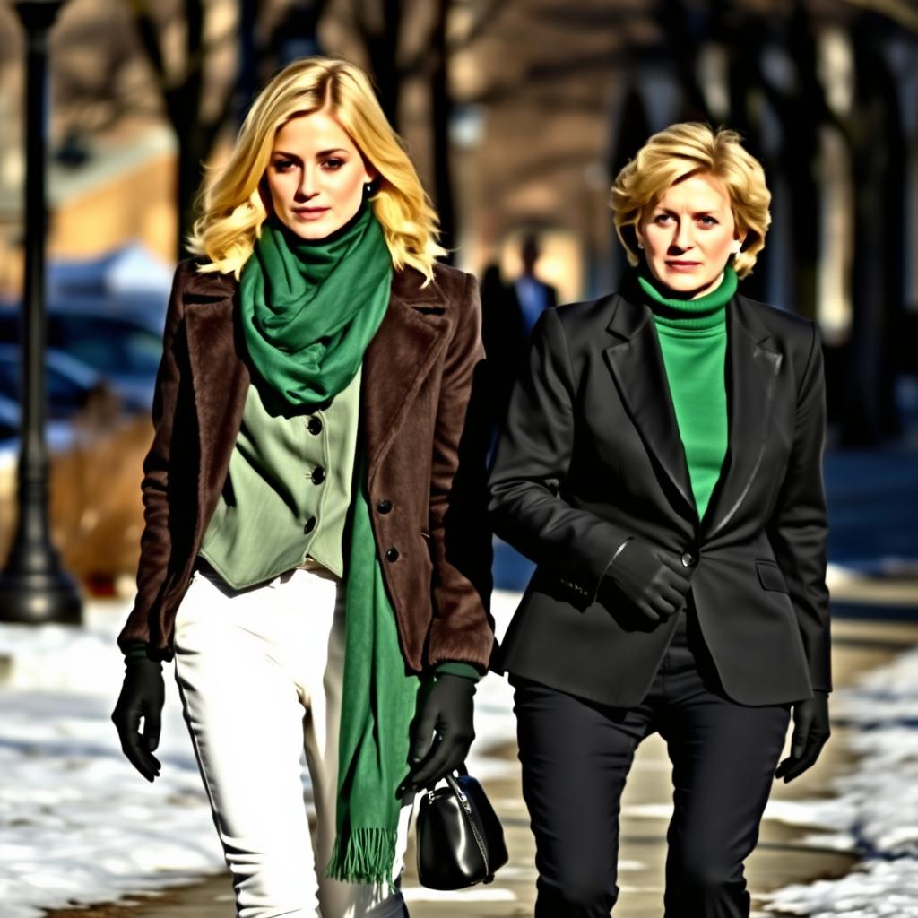 A pretty tall young woman with shoulder-length blonde hair, styled elegantly, wearing a fancy warm jacket, a green scarf, a green shirt, and white pants