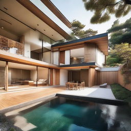 A one-story Japanese villa designed with terraced contours, standing on a 100m2 land with a 60m2 building area. The second floor of 60m2 encompasses an infinity pool, a carport, a balcony, and a rooftop area for relaxation. Each floor contains a living room, bedroom, and bathroom.