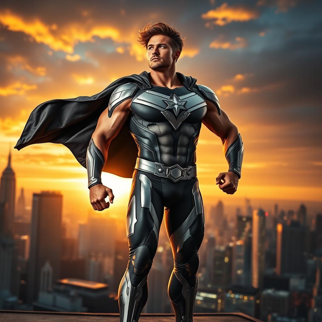 A heroic man standing tall with a determined expression, wearing a modern superhero suit that features intricate designs and a flowing cape