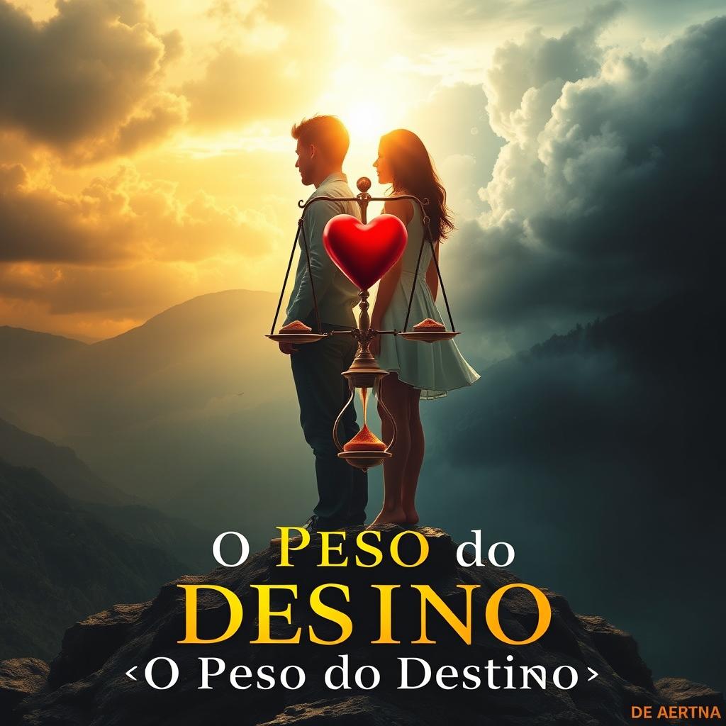 A dramatic book cover for "O Peso do Destino" featuring a couple standing back-to-back on top of a mountain at a crossroads