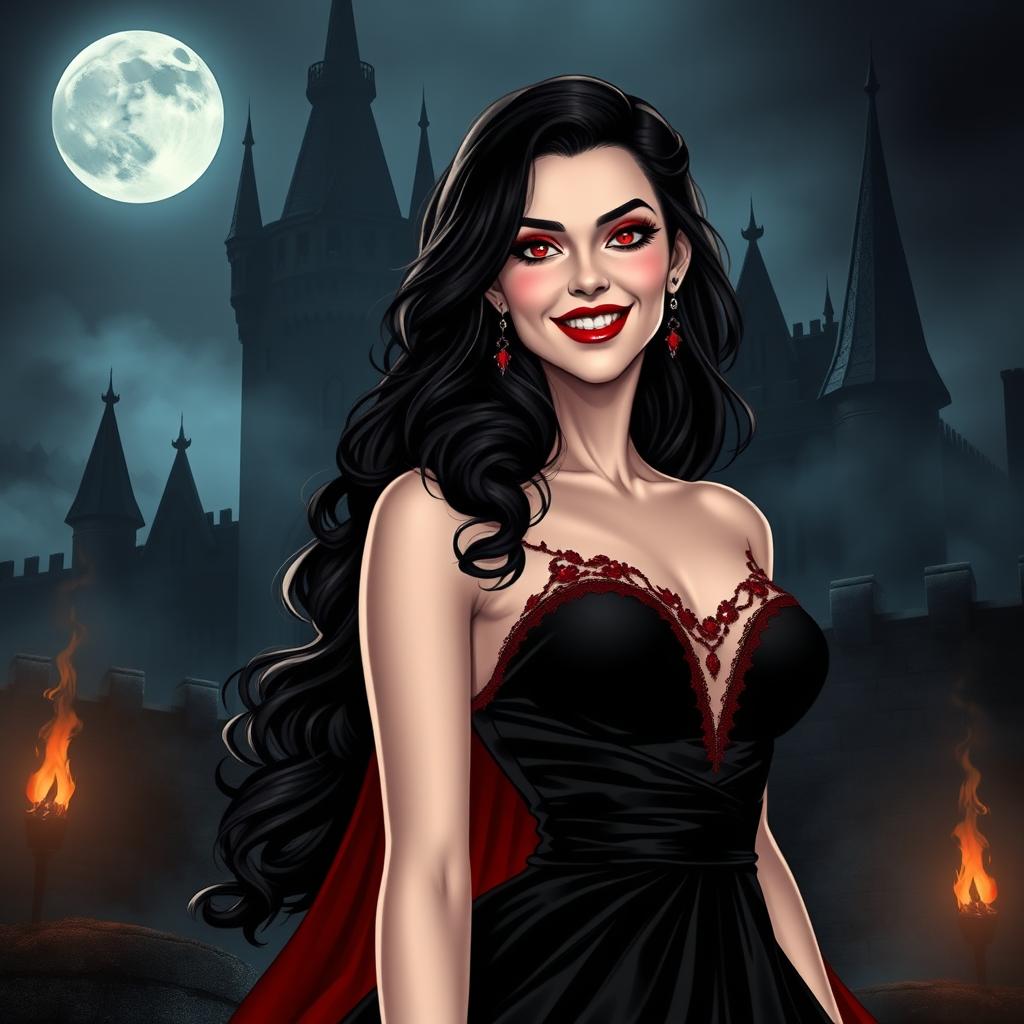 A captivating vampiress with alluring features, dressed in an elegant, flowing black gown adorned with red accents