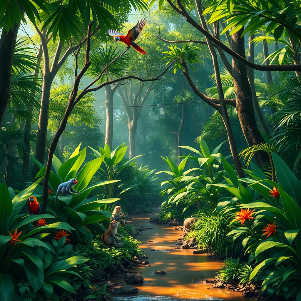 A serene landscape featuring a lush Amazon rainforest scene, showcasing tall, vibrant green trees with thick foliage, exotic plants in various shades of green, and colorful tropical flowers