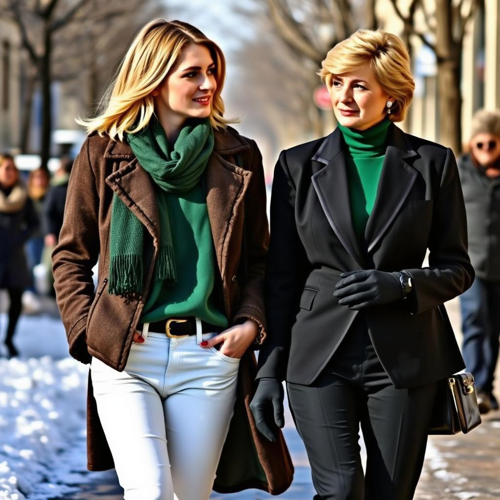 A pretty tall young woman with stylish shoulder-length blonde hair, wearing a fancy warm jacket and a green scarf over a green shirt, paired with white pants