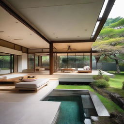 A one-story Japanese villa designed with terraced contours, standing on a 100m2 land with a 60m2 building area. The second floor of 60m2 encompasses an infinity pool, a carport, a balcony, and a rooftop area for relaxation. Each floor contains a living room, bedroom, and bathroom.