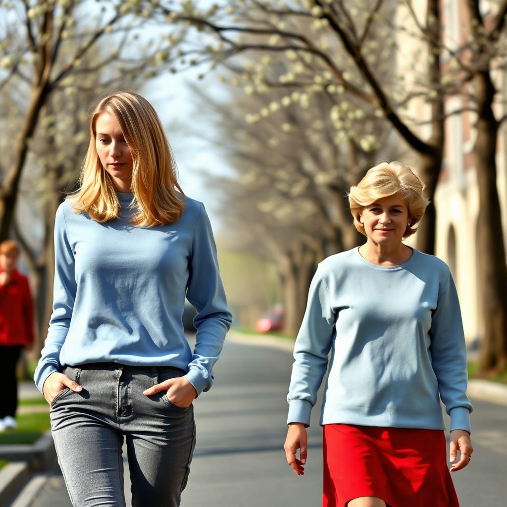 A tall young woman with shoulder-length styled blonde hair wearing a light blue long-sleeved shirt and grey pants, walking down a street alongside a middle-aged woman resembling Princess Diana from 1997, who has Diana's iconic haircut