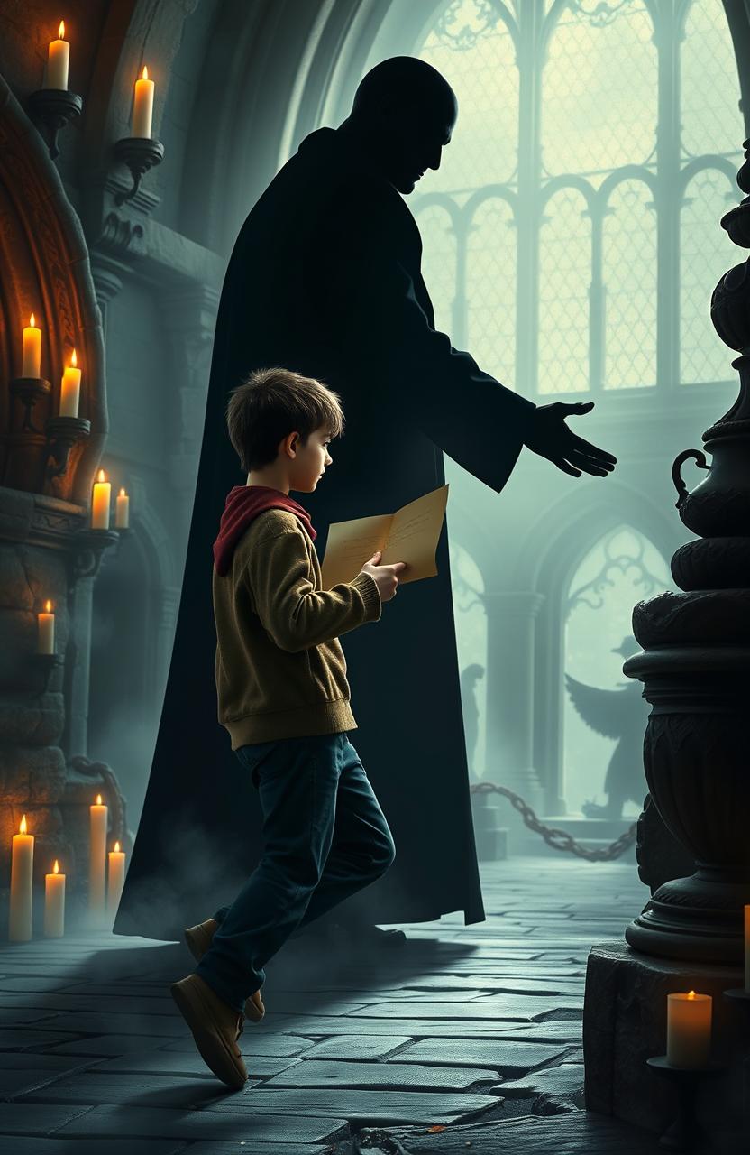A side view of Harry Potter, stepping towards a tall dark silhouette of a man, holding an open letter in one hand and extending his other hand forward in a gesture of invitation